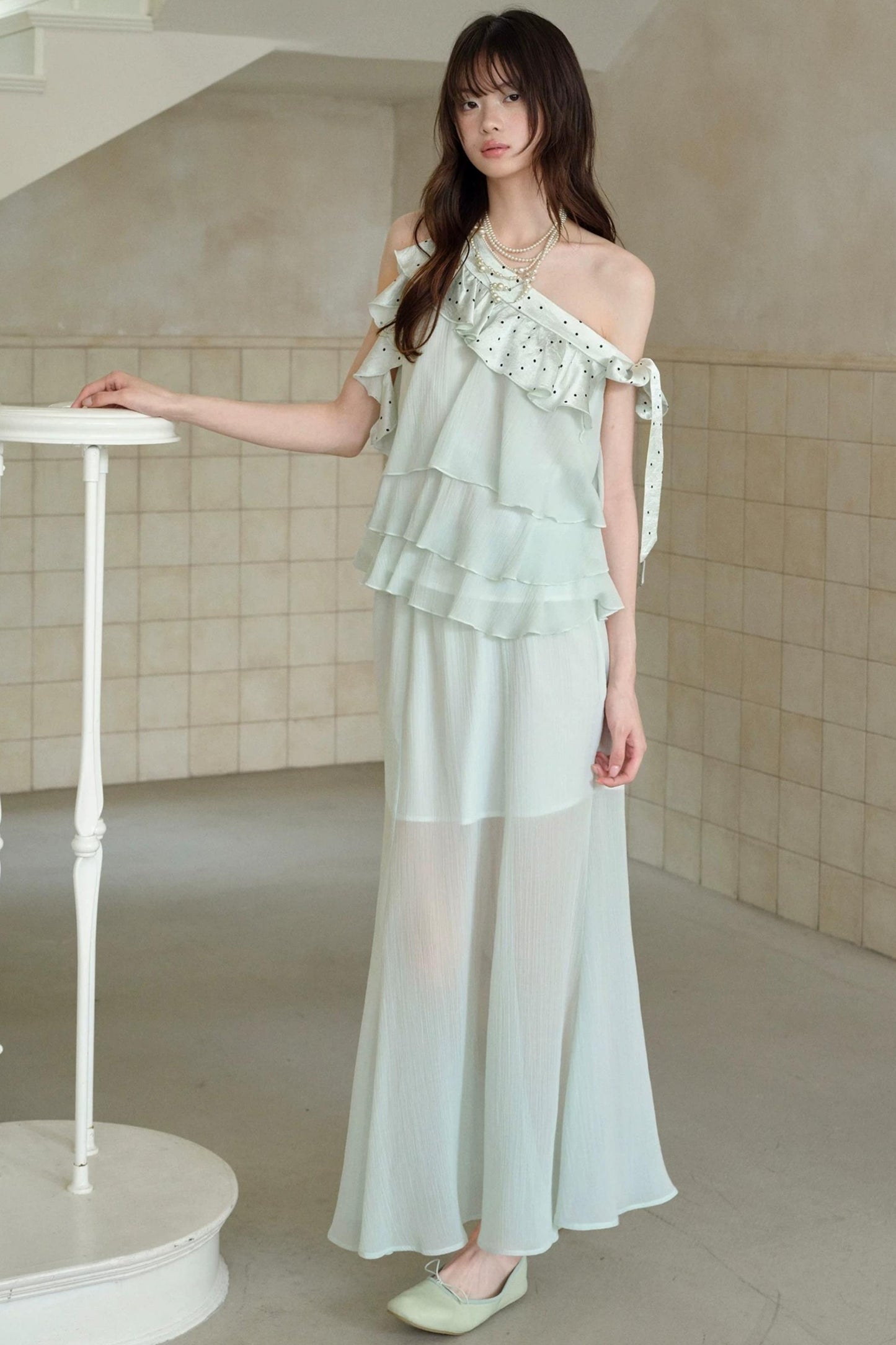 Green Acetate Tencel Polka Dot Top and Fishtail Skirt Set-Up