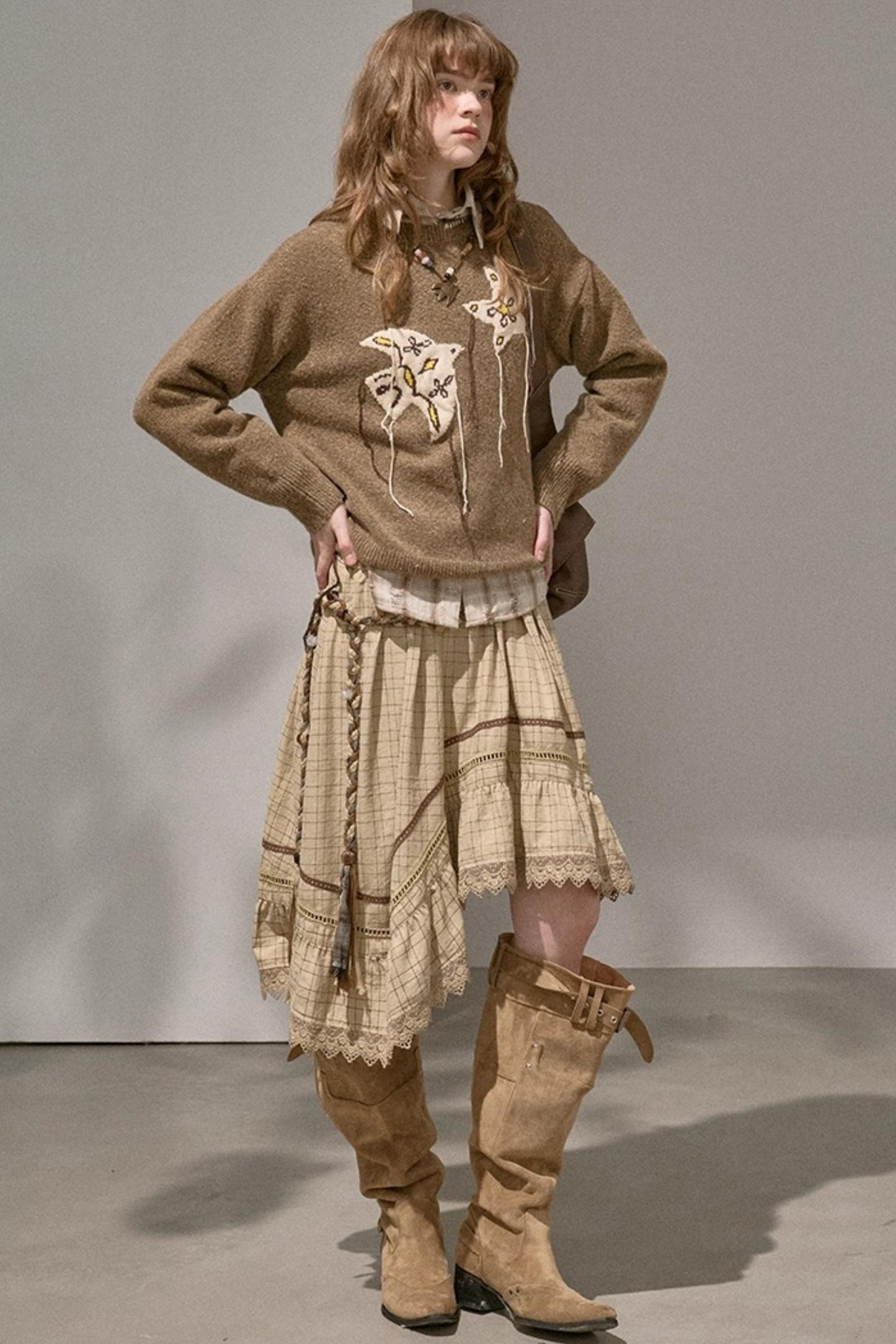 Wave Stitching Plaid Midi Skirt