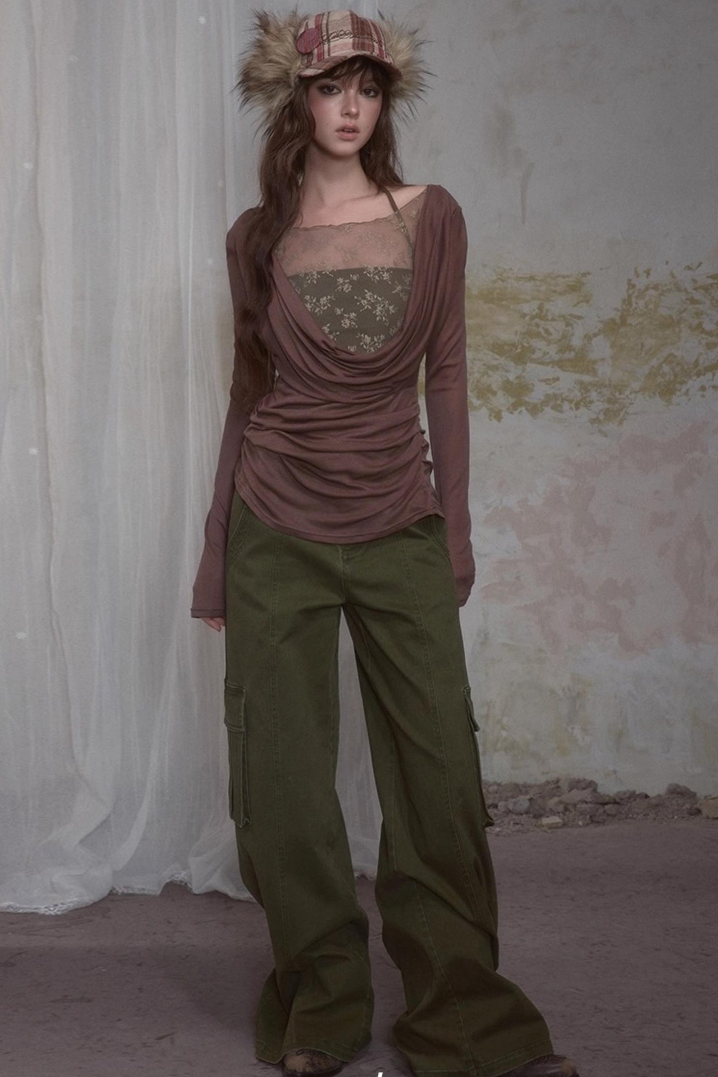 Spliced Long Sleeve Swing Collar T-Shirt