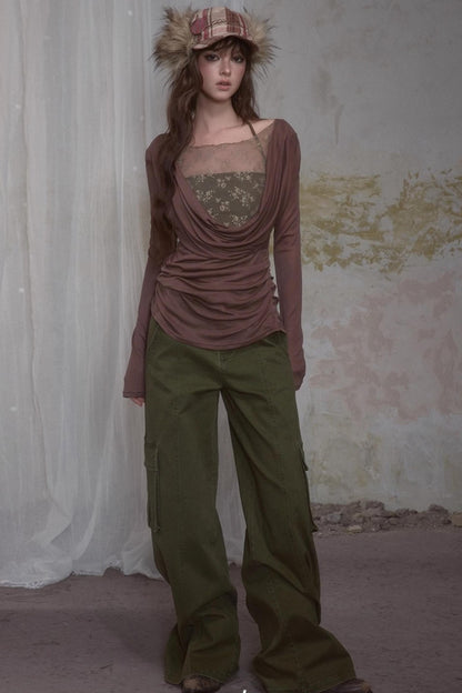 Spliced Long Sleeve Swing Collar T-Shirt