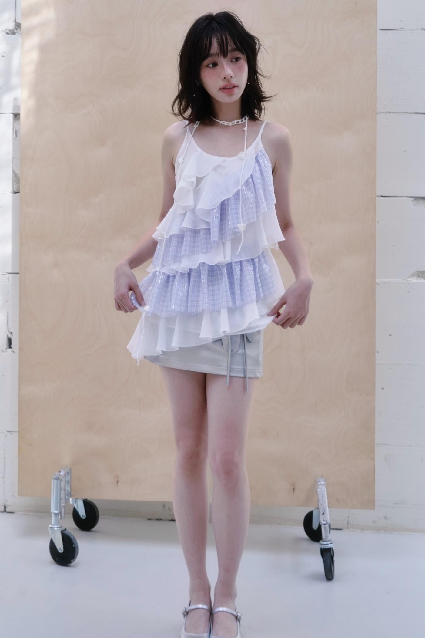 Blue Checkered Chiffon Ruffled Top