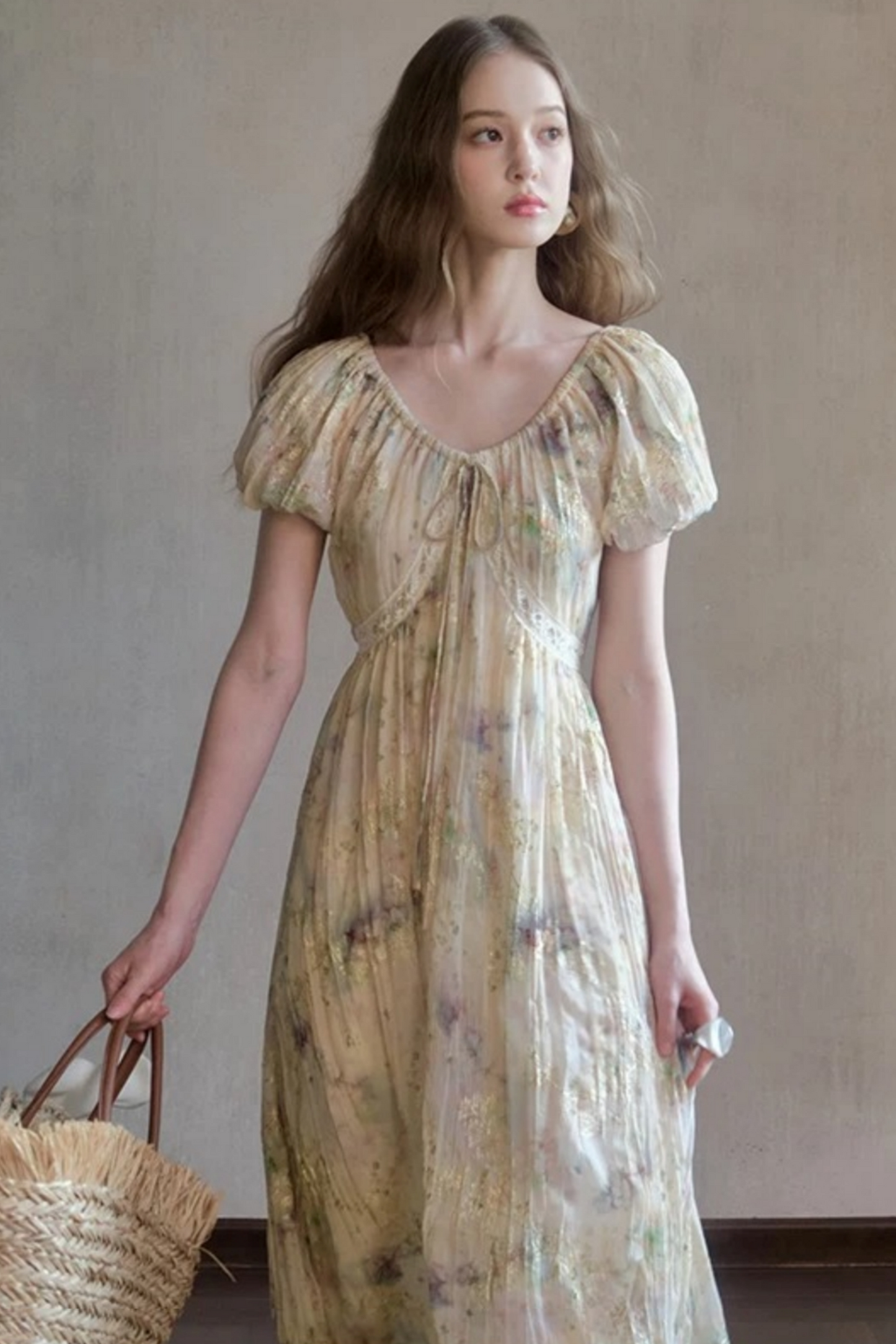 Embroidery Pleated Puff Sleeve Dress