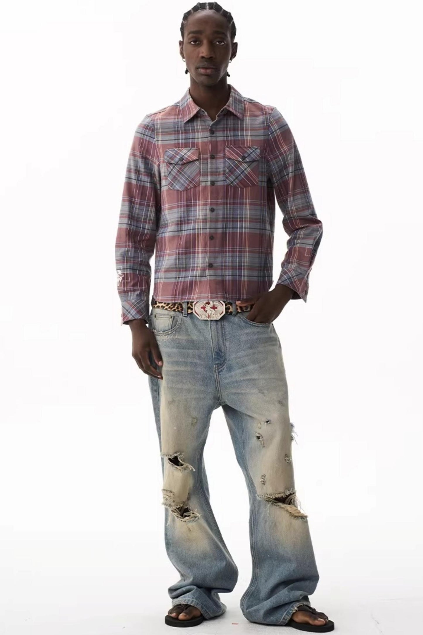 Exitmode Short Plaid Embroidered Shirt