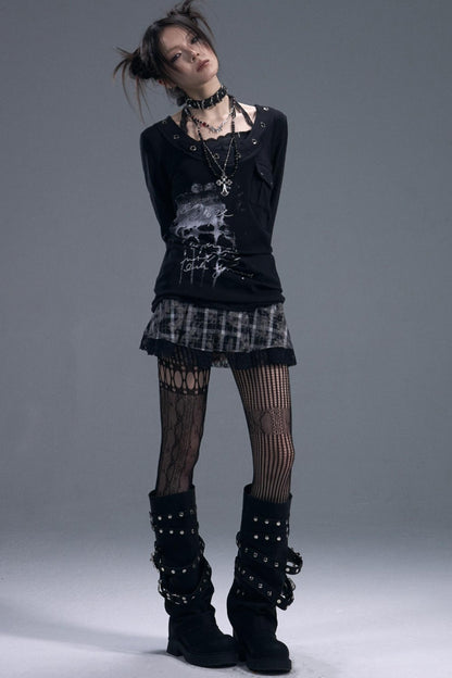 Dark Lace Halterneck Fake Two-Piece Top