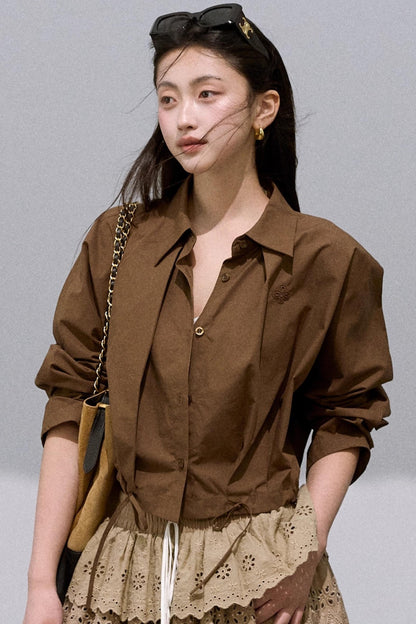 Lace-Up Pinch Pleated Cotton Shirt