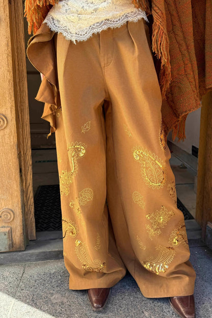 Cashew Flower Embroidered Wide-leg Pants