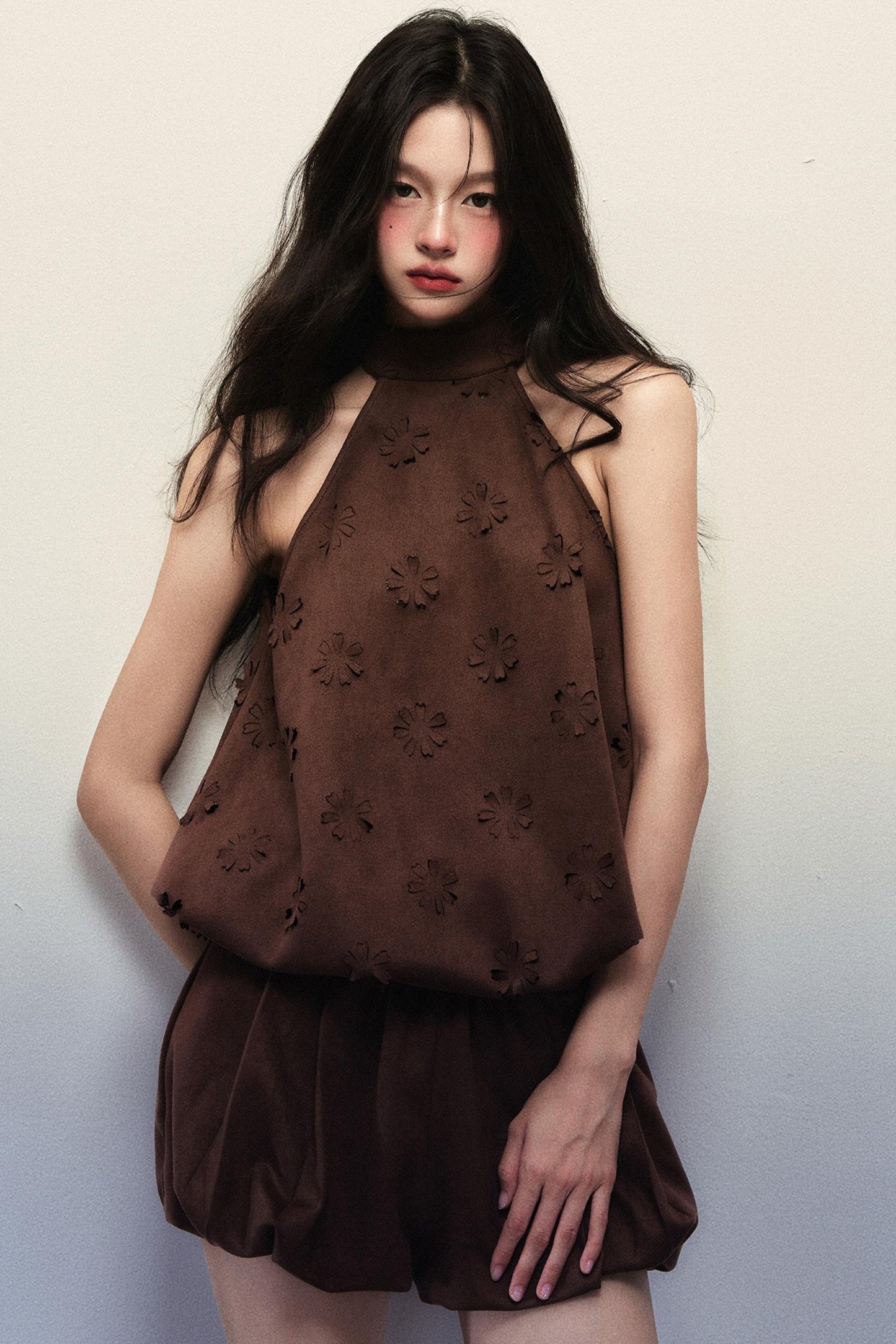 Reddish-Brown Suede Flower Halterneck Two-Piece Set-Up