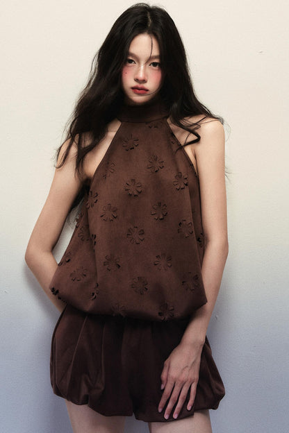 Reddish-Brown Suede Flower Halterneck Two-Piece Set-Up