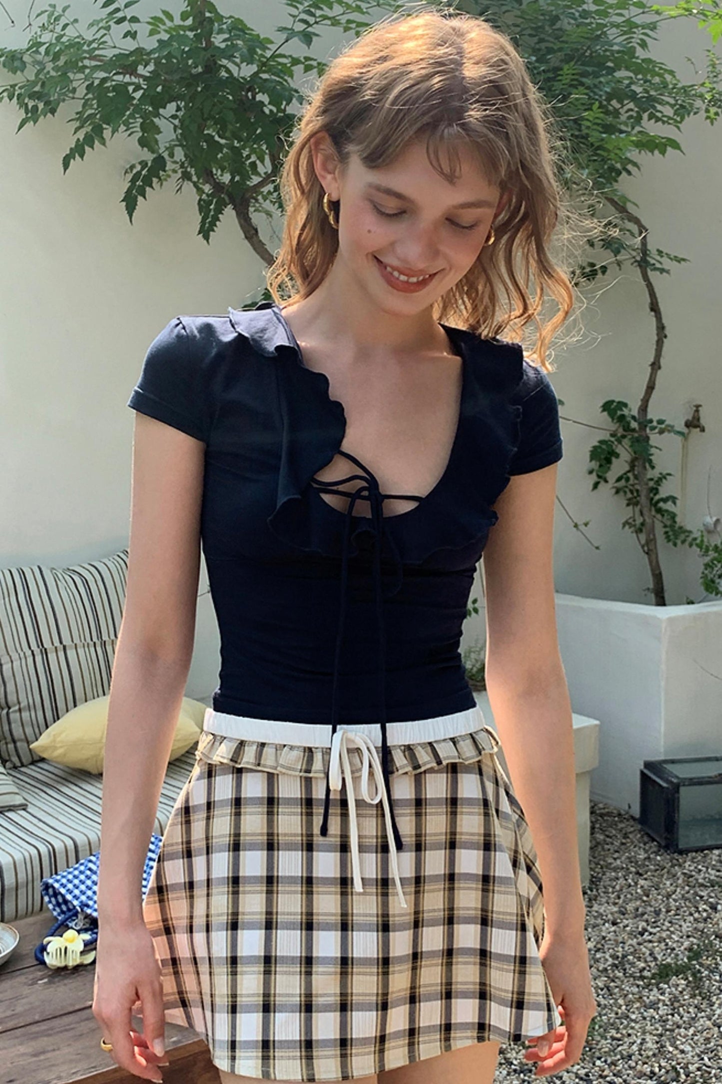 Blue Lace V-Neck Half-Sleeve Crop Top