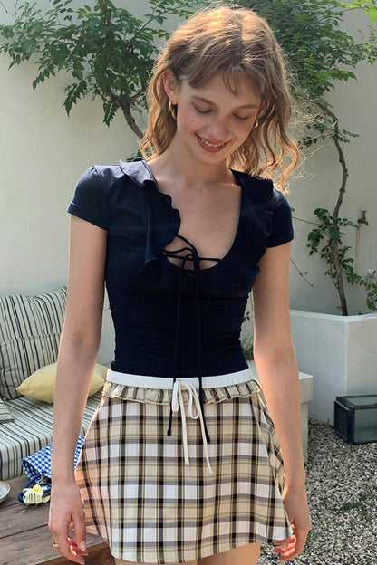 Blue Lace V-Neck Half-Sleeve Crop Top