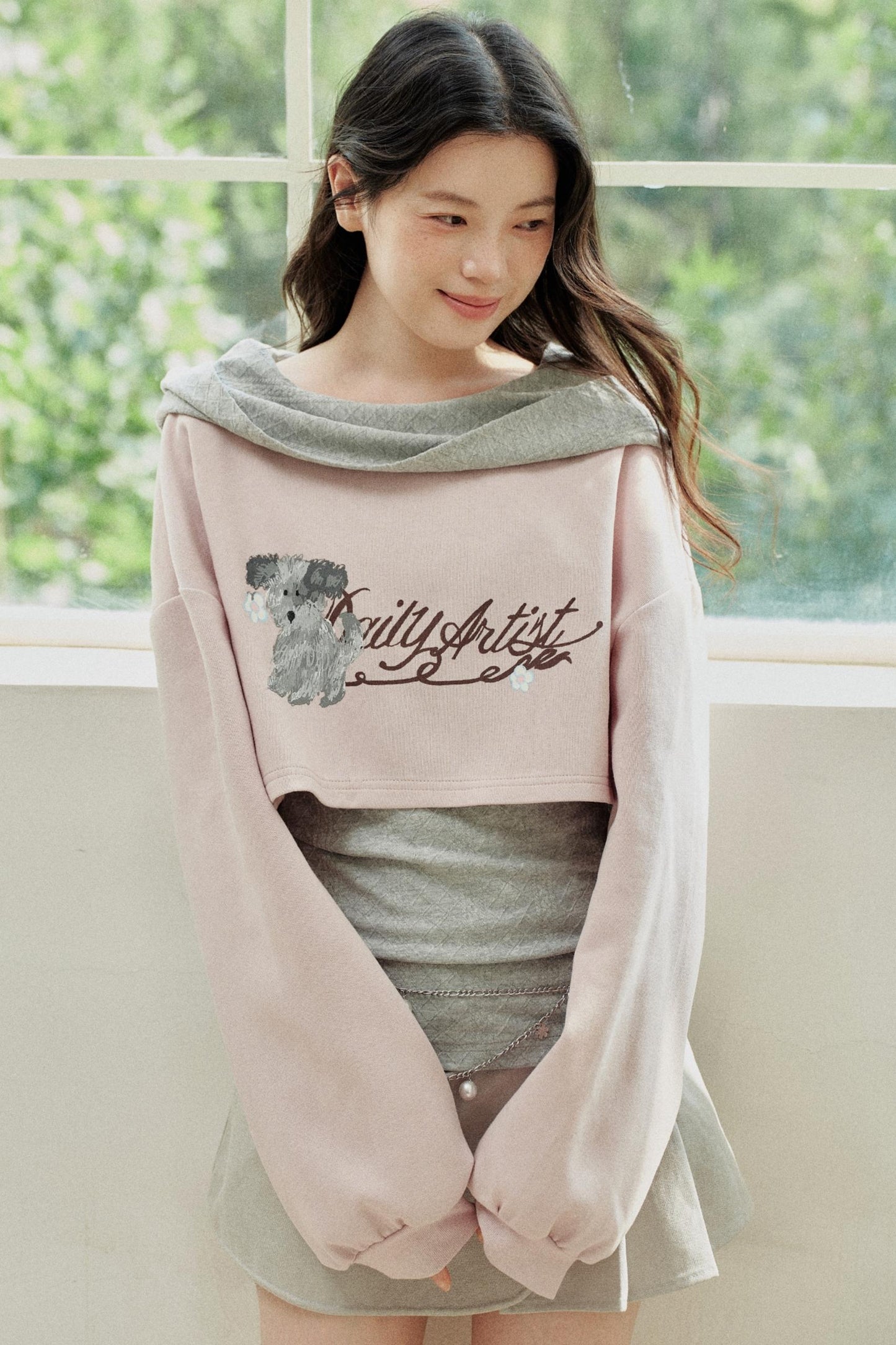 Pink Gray Fake Two Piece Hooded Top