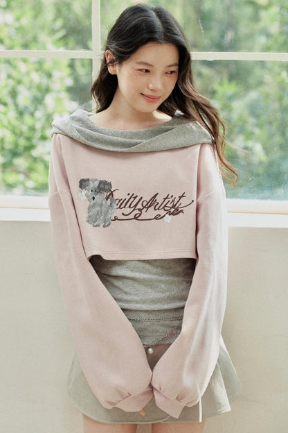 Pink Gray Fake Two Piece Hooded Top