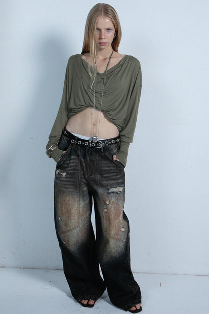 Relaxed Wide Leg Mud Dye Jeans Pants