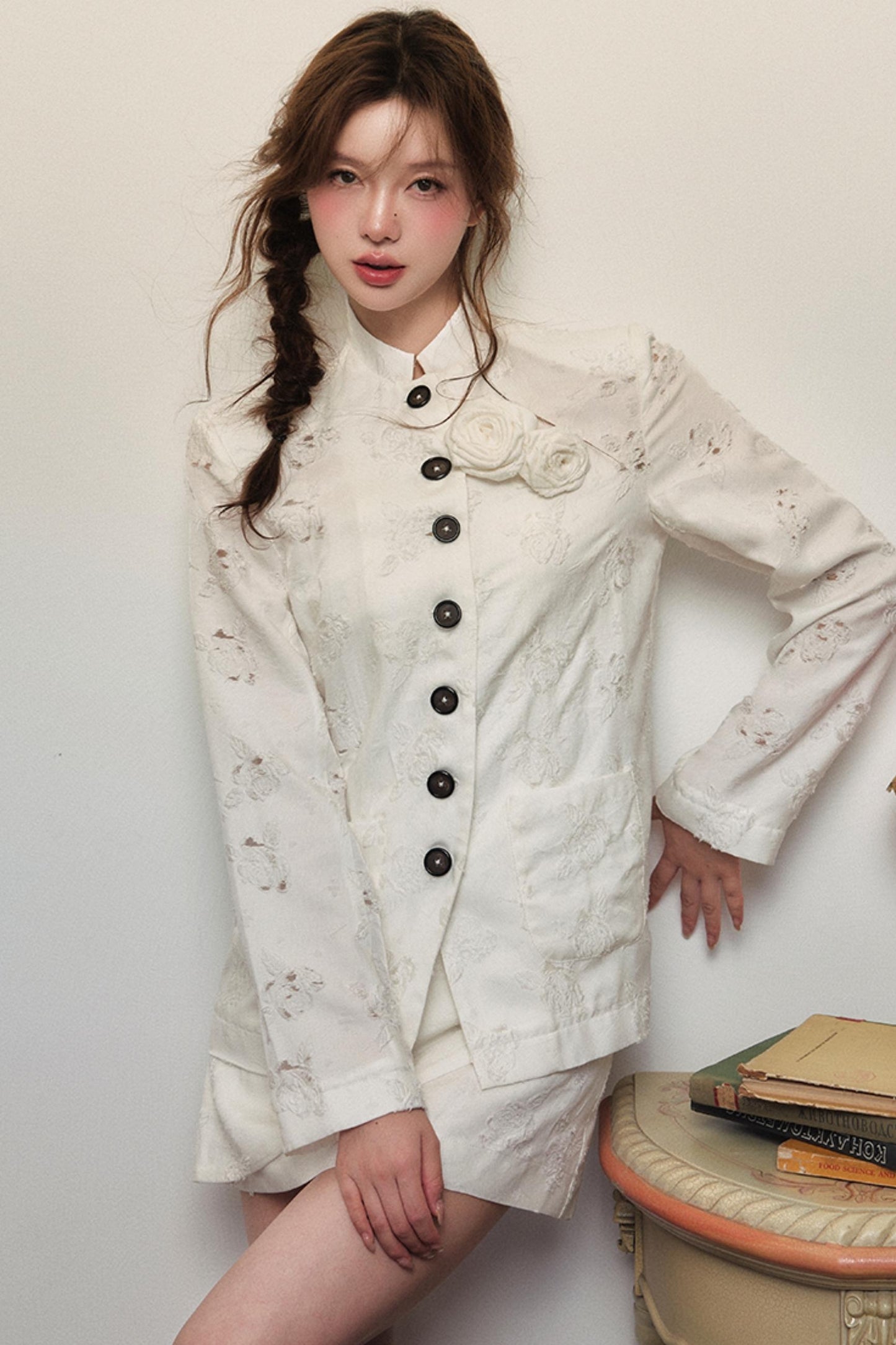 Elegant White Rose Jacquard Dress