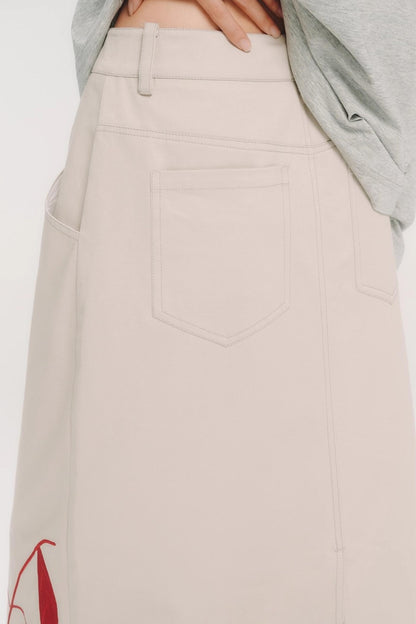 Red Cherry Embroidered Midi Skirt