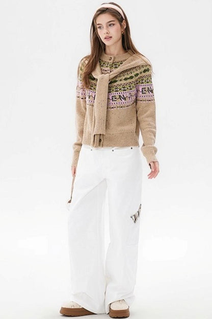 White Plaid Wide-Leg Cargo Pants