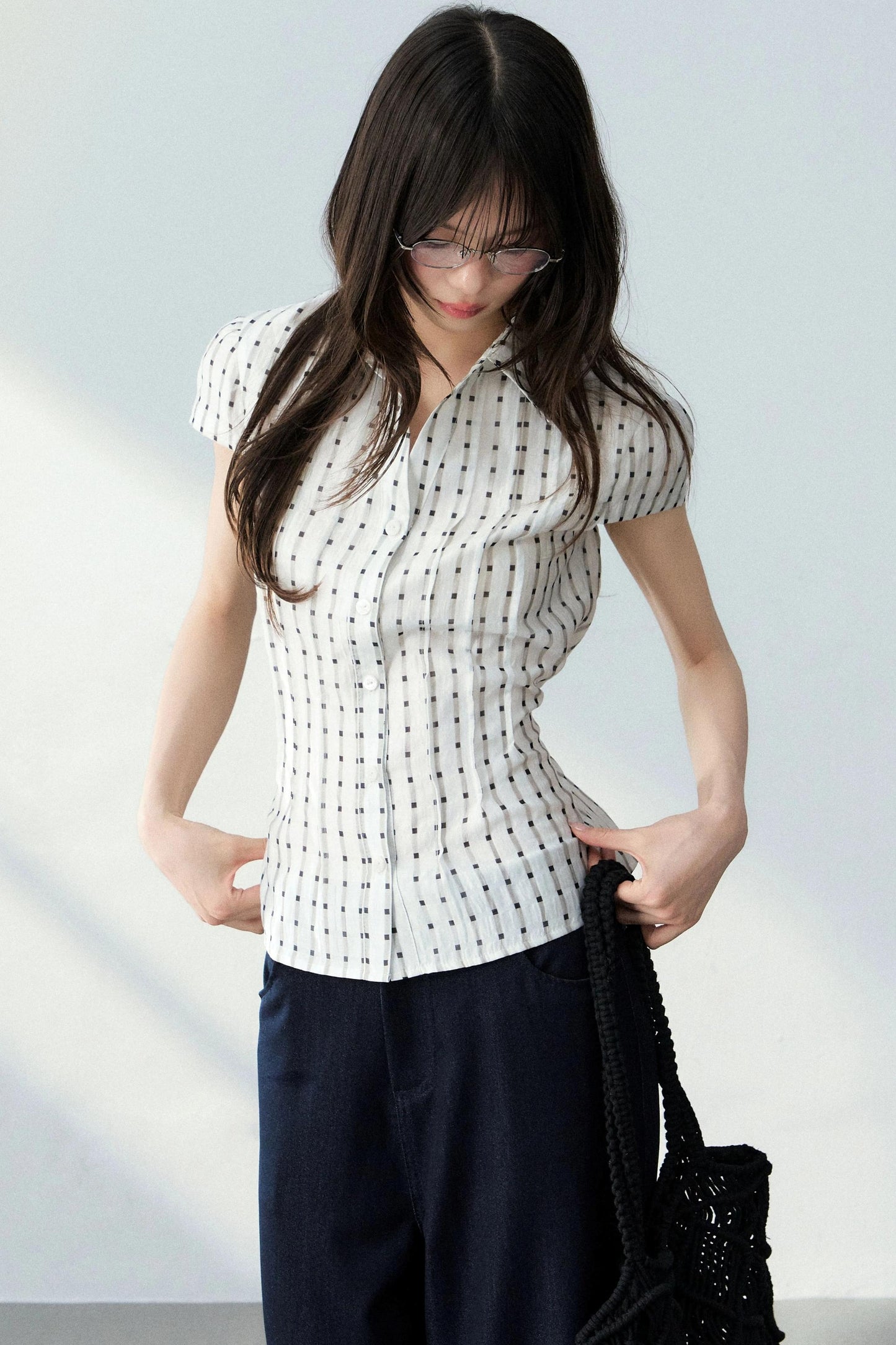 V-Neck Plaid Polka Dot Short Sleeve Shirt Set-Up