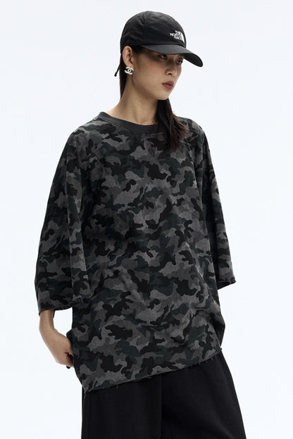 Vintage Camouflage Three-Quarter Sleeve Top