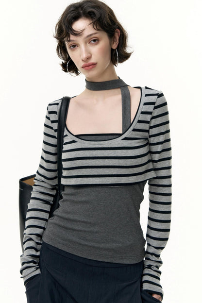 Contrast Long-Sleeved Top With Bandeau Set