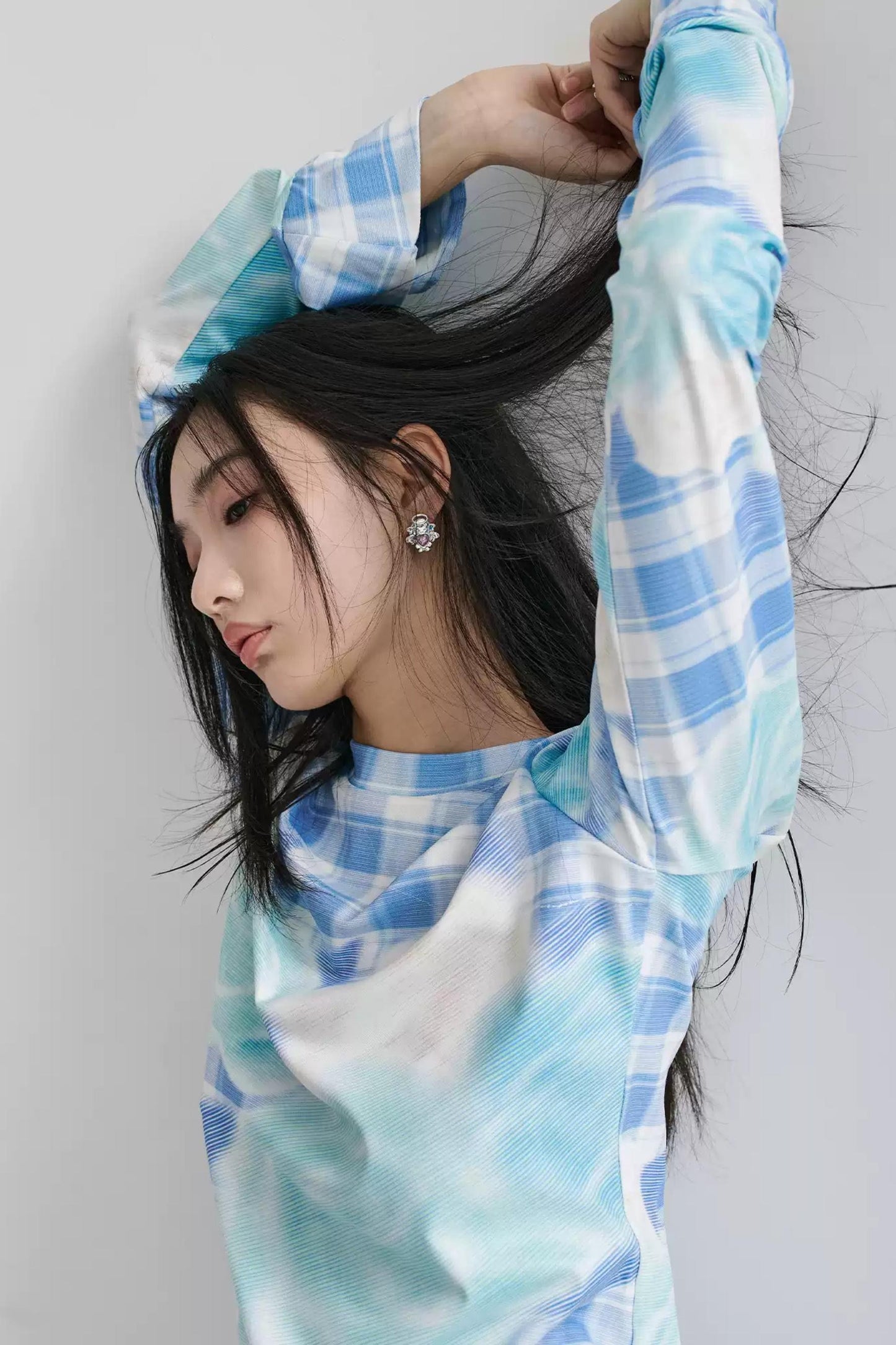 Blue Plaid Flared Sleeve Top