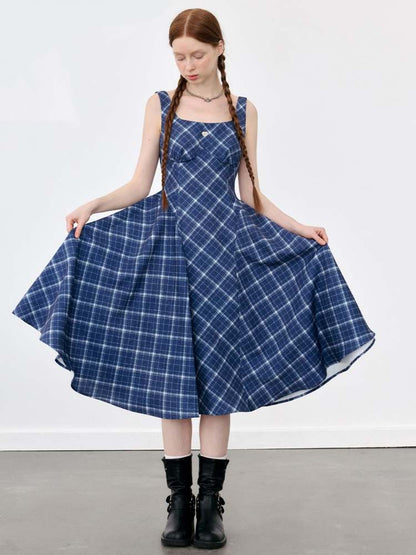 Plaid Suspender Long Flare Dress