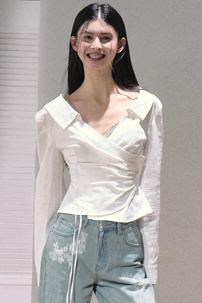 Texture Collar Stretch Shirt Top