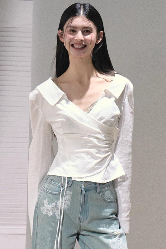 Texture Collar Stretch Shirt Top