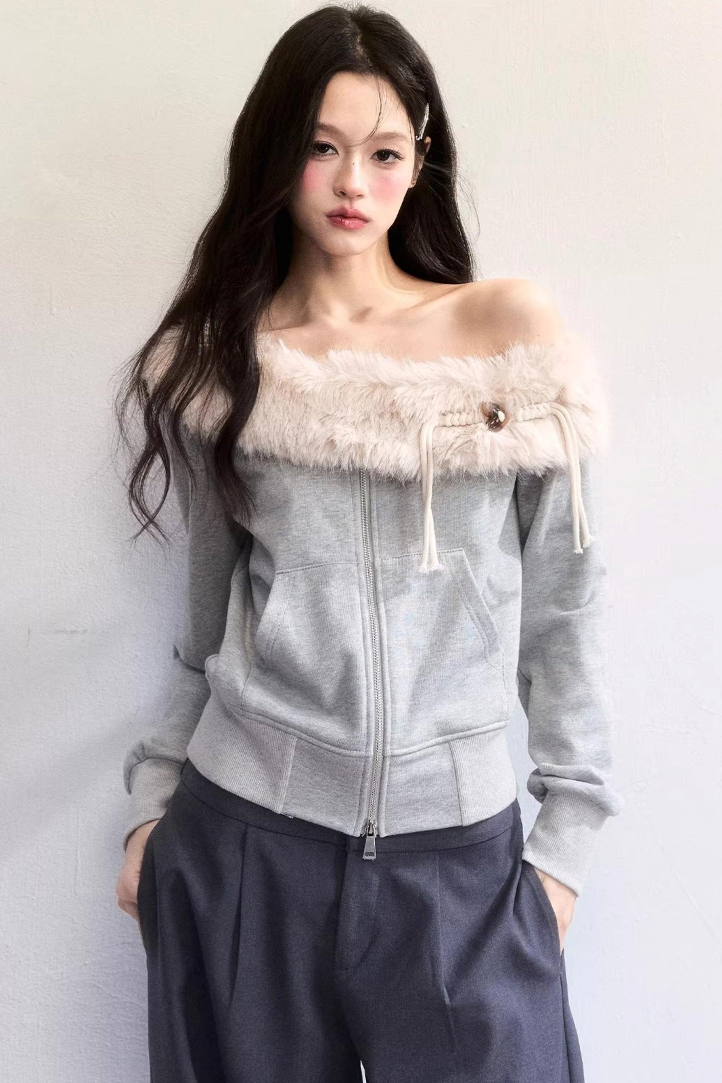 Mist Gray Off-Shoulder Fur Jacket