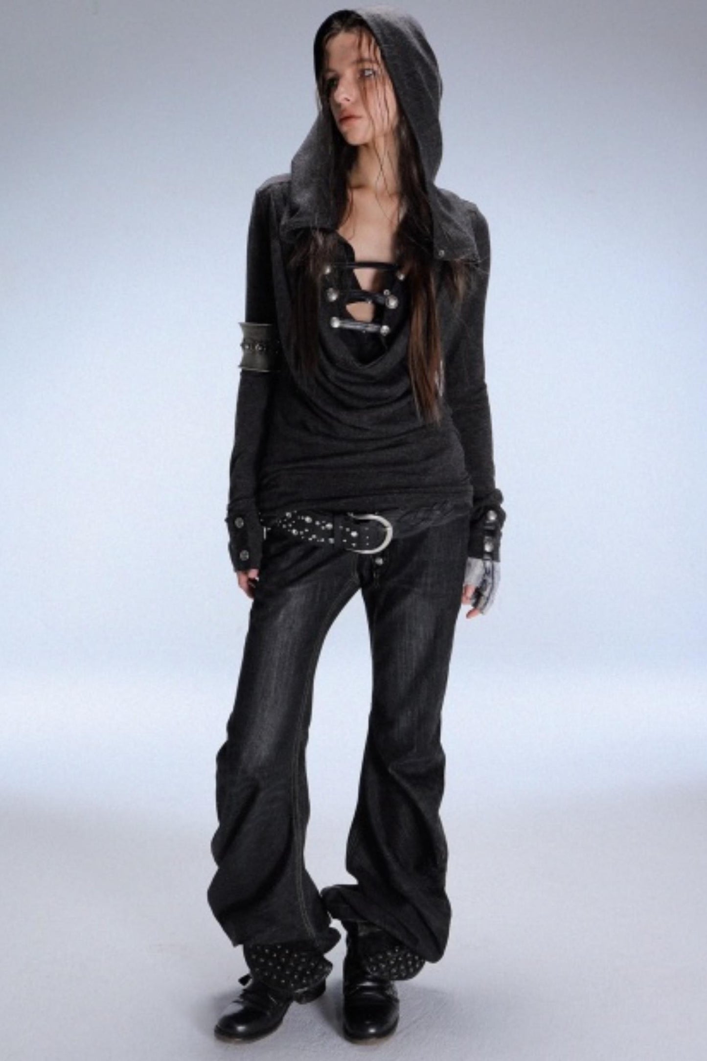 Hooded Metal Buckle Knit Top