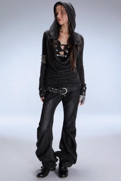 Hooded Metal Buckle Knit Top