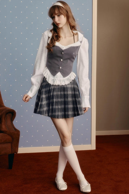 Pleated Classic Plaid Woolen Skirt