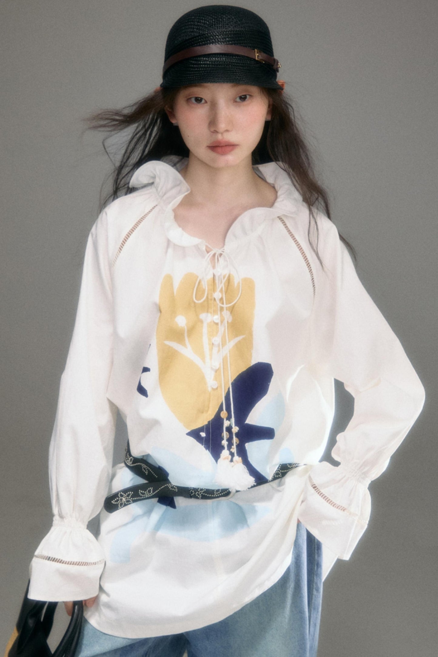 Tulip Bird Print Wood Ear Collar Long Top