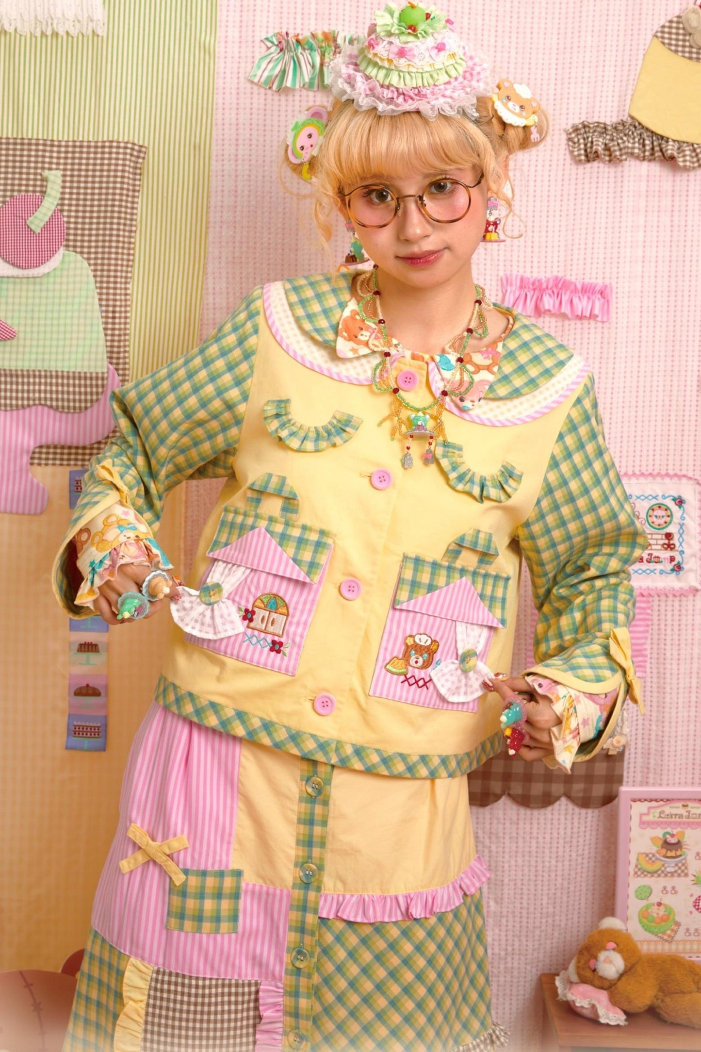 Patchwork Plaid Embroidered Top & Skirt Set-Up