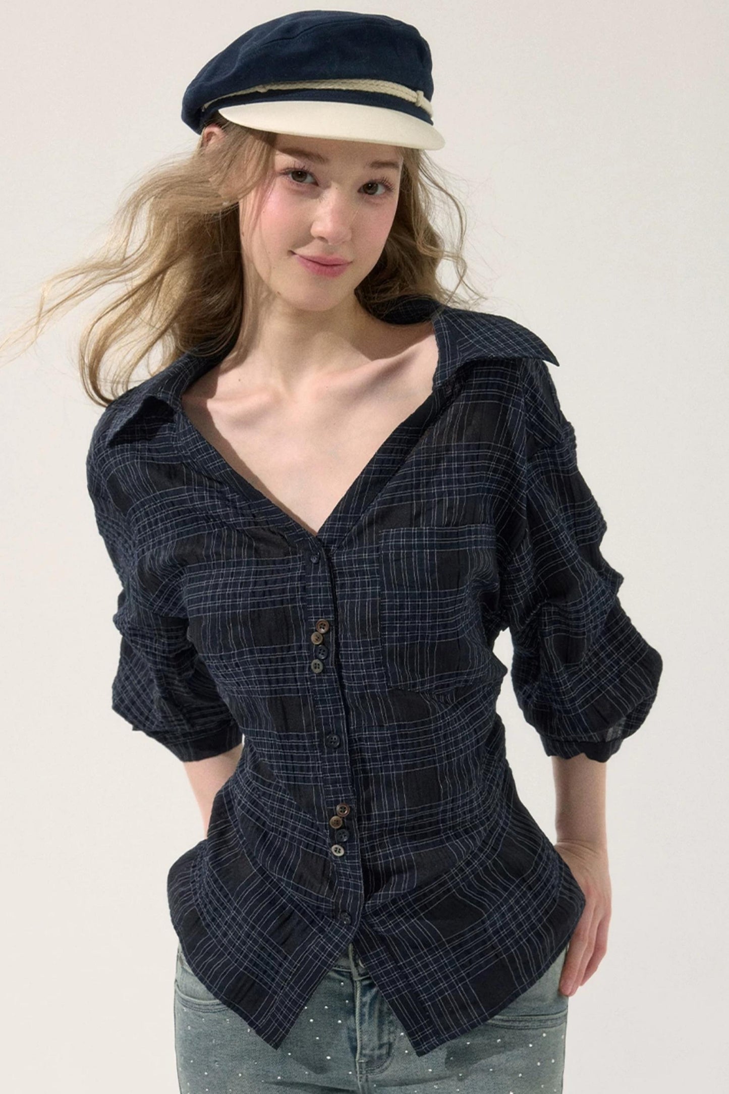 Sweet Plaid Mid-Sleeve Blouse