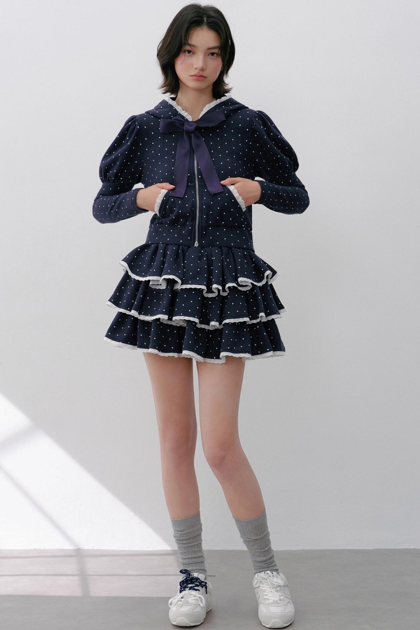 Navy Polka Dot Hooded Tracksuit Set-Up