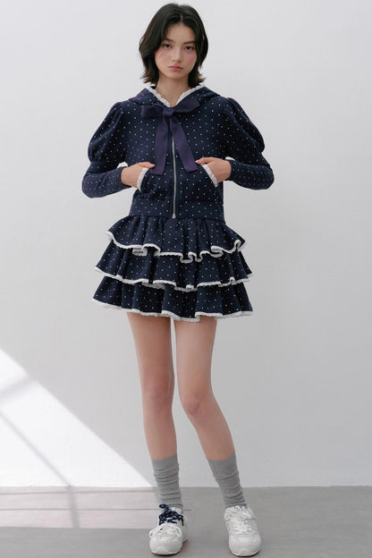 Navy Polka Dot Hooded Tracksuit Set-Up