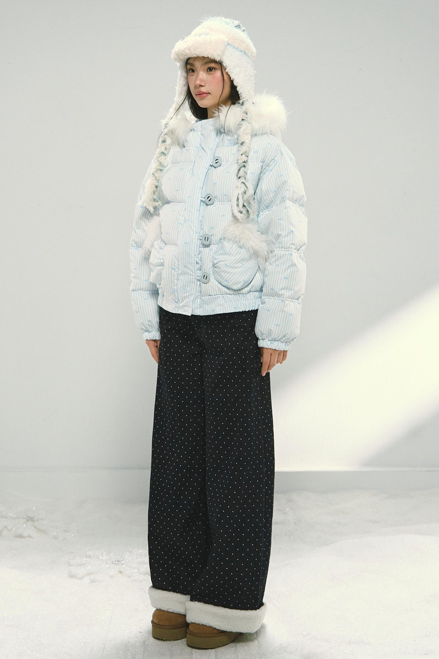 Blue Polka Dot Wide-Leg Jeans Pants