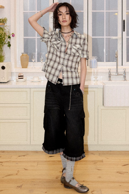 Patchwork Plaid Rhinestone Jeans