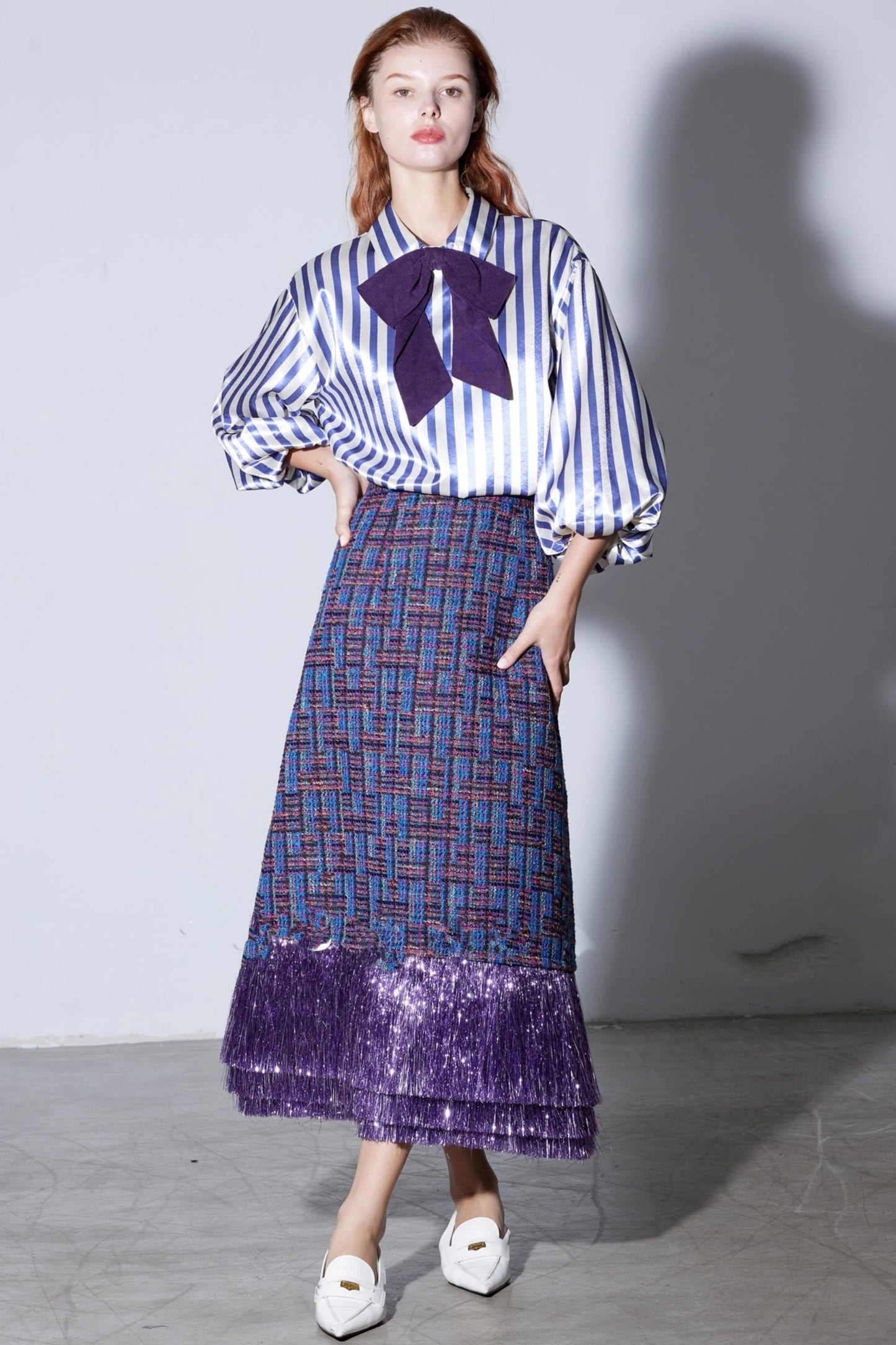 Vintage Purple Satin Lantern Sleeve Shirt