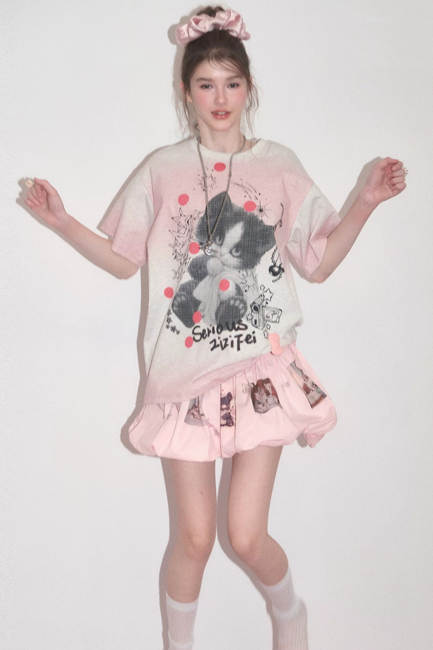 T-Shirt mit rosa Farbverlauf und Katzenprint