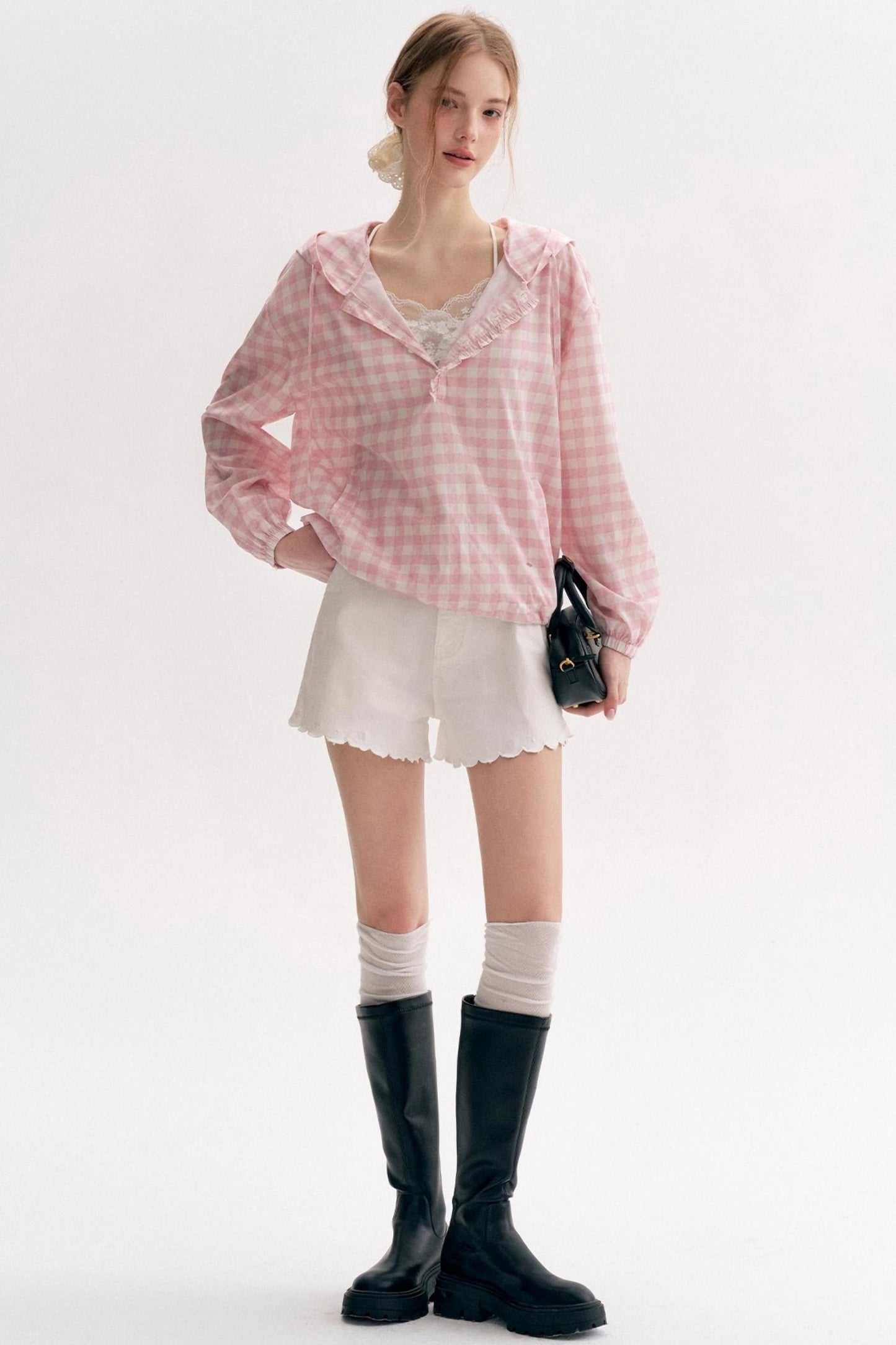 Cream Pink Plaid Lace Hooded Pullover Top