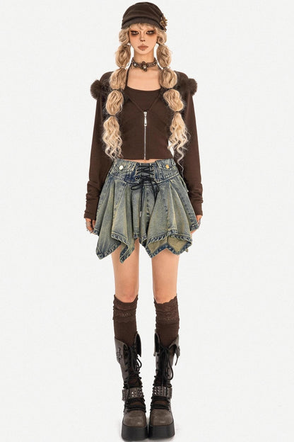 Retro Denim Pleated Skirt