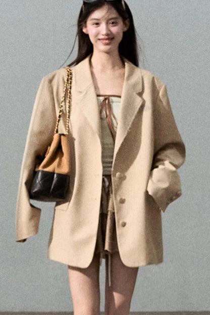 Textured Khaki Suit Short Jacket