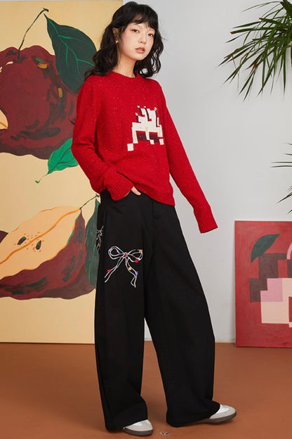 Loose Fit Bow Embroidery Pants