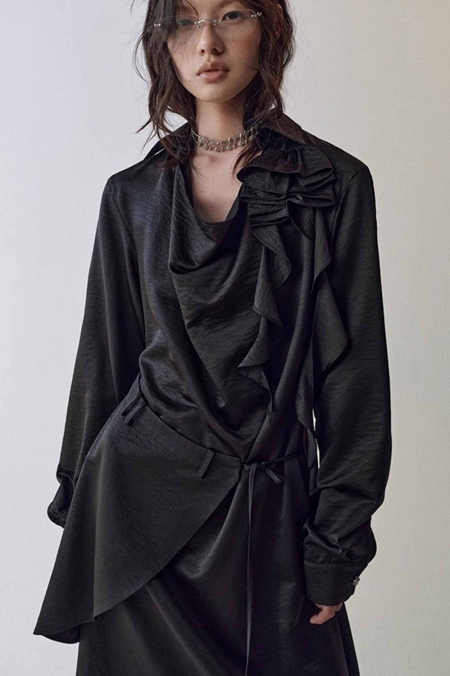 Pleated Swing Collar Waist Dress