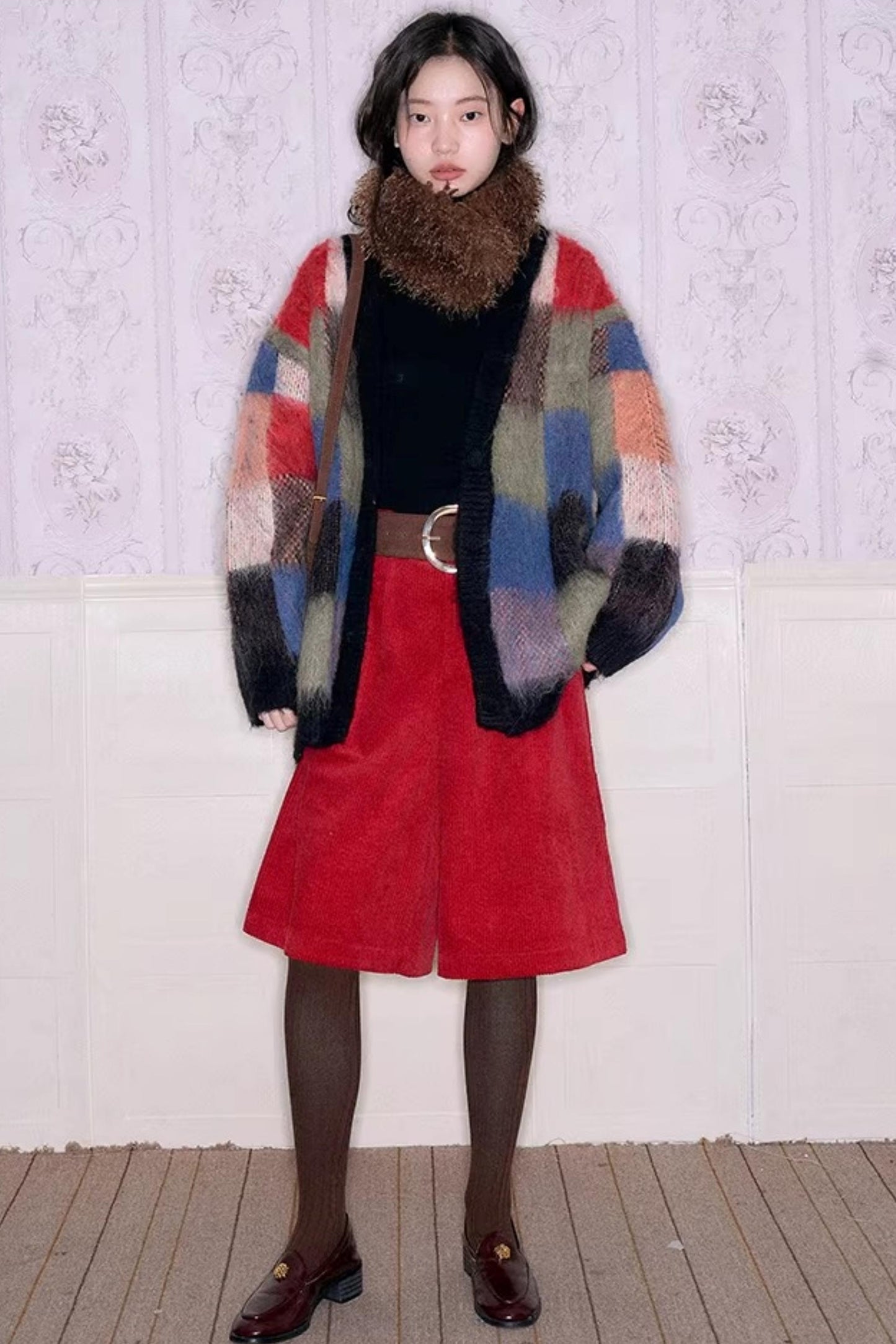 Color-Block-Strickjacke aus Wolle mit Karomuster
