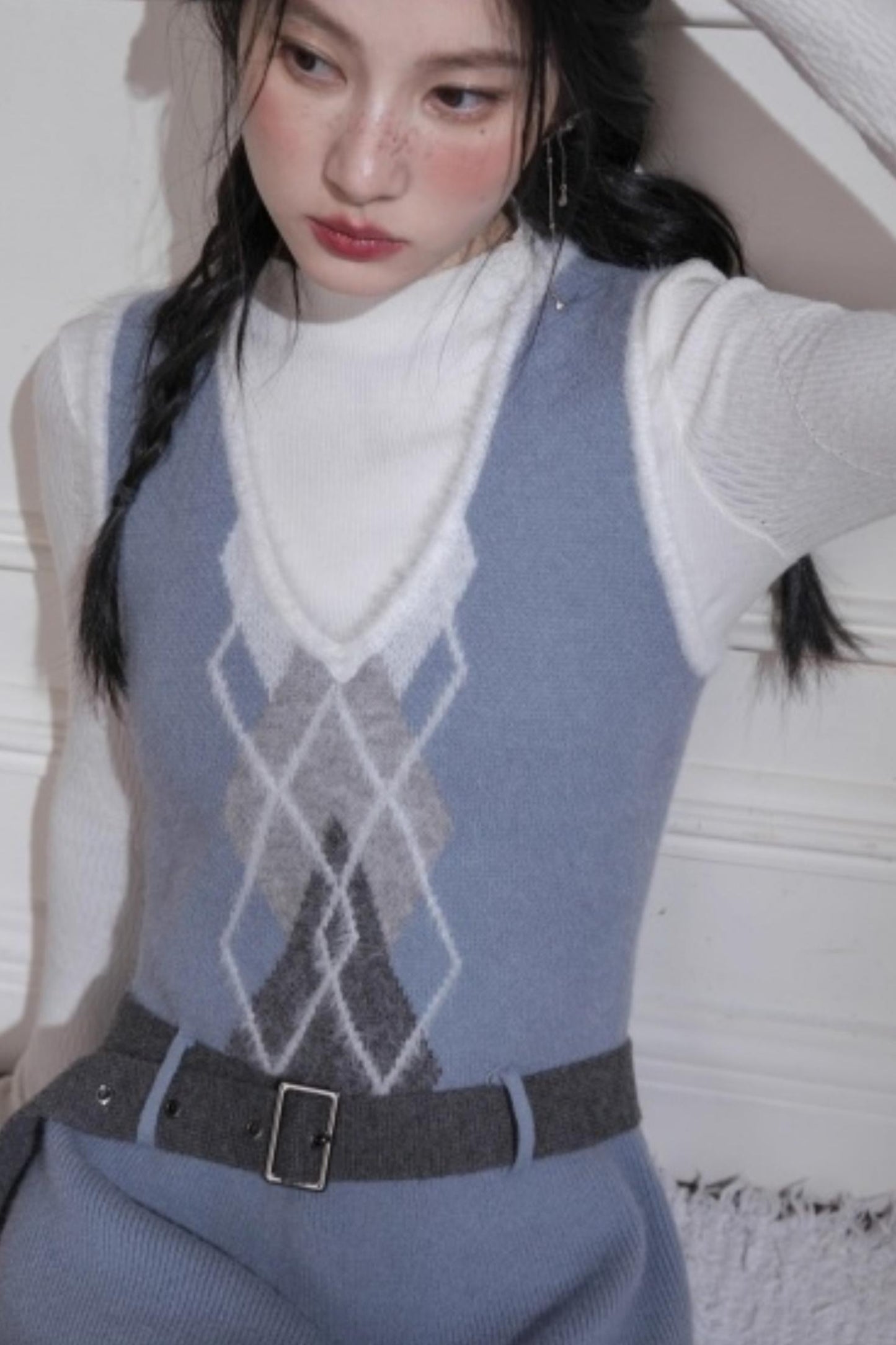 Mist Blue Diamond Plaid Vest Dress