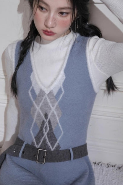 Mist Blue Diamond Plaid Vest Dress