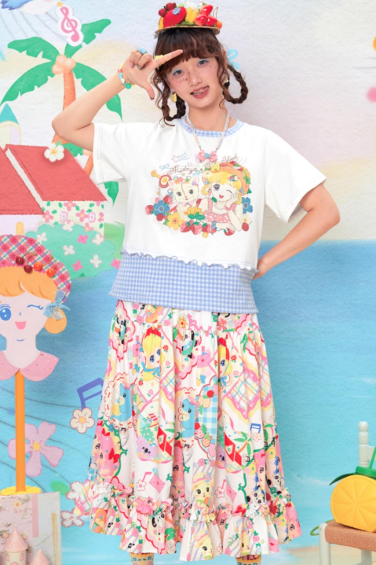 Retro Cartoon Print Lace Skirt