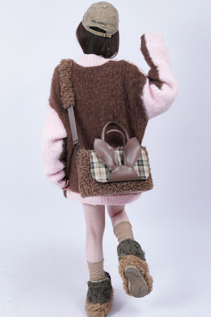 Plaid Rabbit Fur Tote Bag